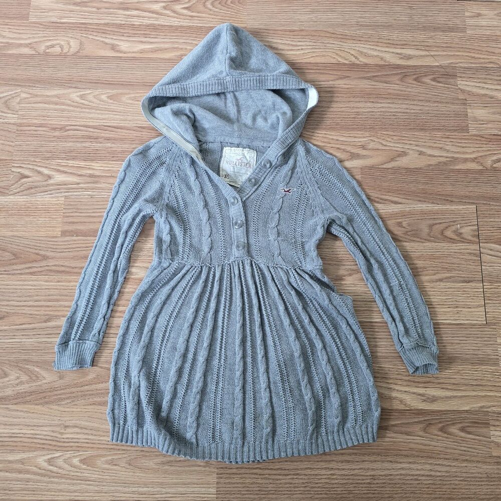 Vtg Y2K Hollister Babydoll Sweater Top Sz XS Gray Henley Hooded Bella Elena